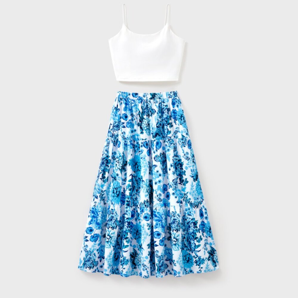 White Camisole Top and Blue Floral Print Skirt Co-ord Set